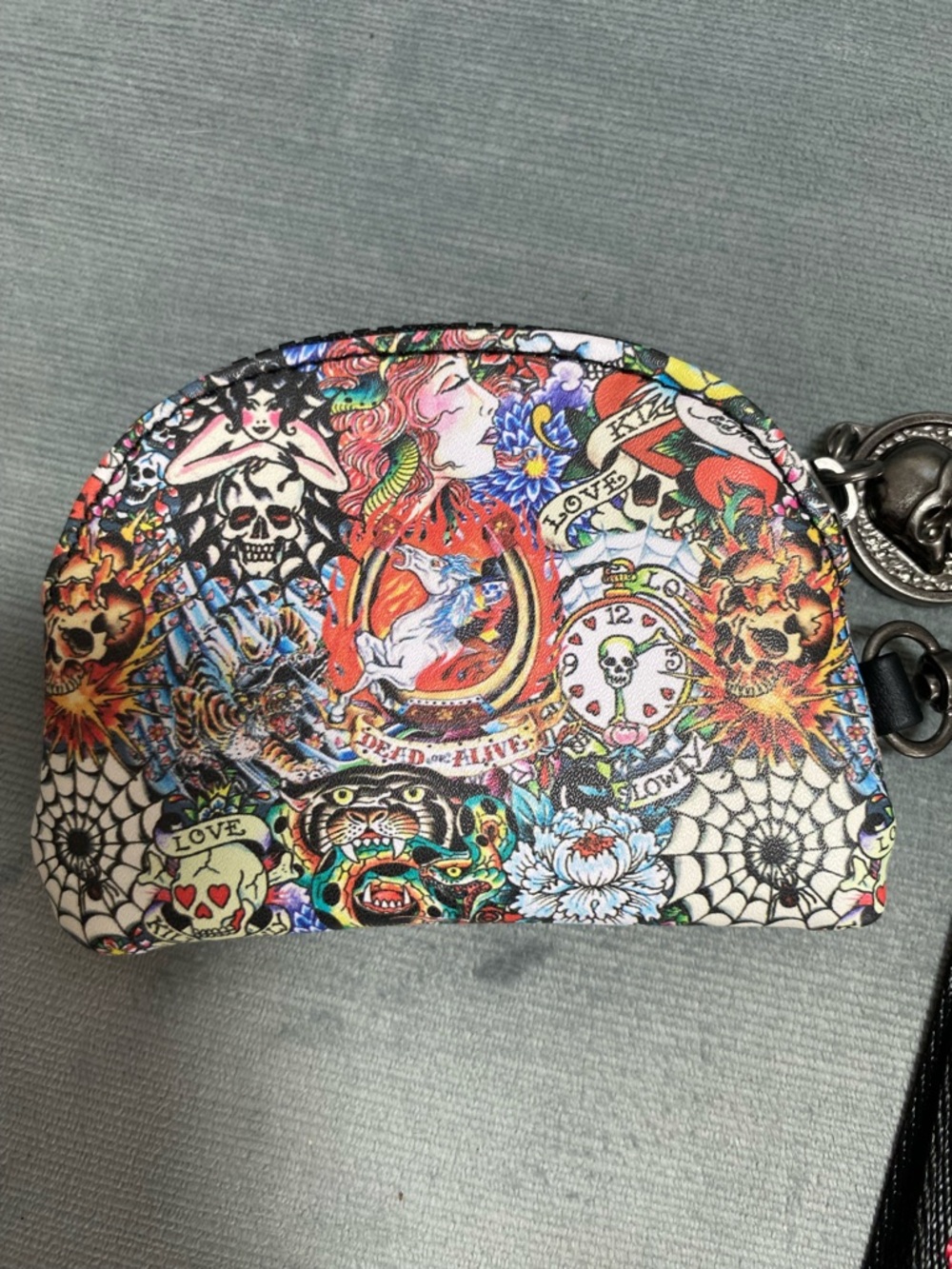 NWT Ed Hardy Black 3 piece Multicolor Tattoo Print Pouch & Wristlet Keychain Set - Picture 3 of 17